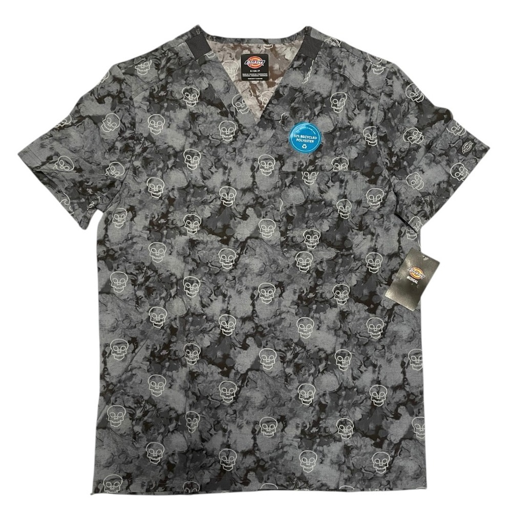 Dickies Skull Print Scrub Top V Neck Short Sleeve‎ Recycled Polyester S P